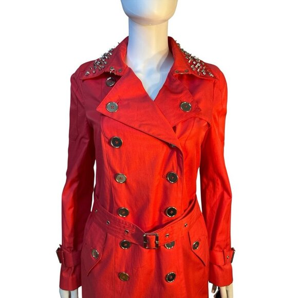 Sam Edelman Studded Collar Belted Button Down Trench Coat Hibiscus Sz Small Nwt - Picture 3 of 9
